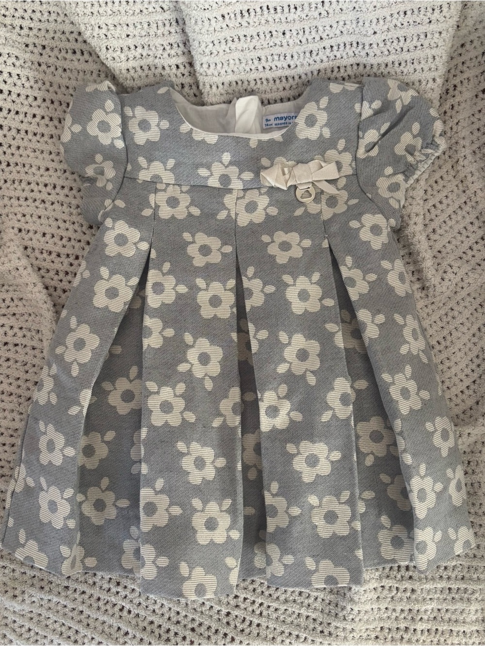 Mayoral Grey Floral Jacquard Dress with Pleated Skirt and Cream Bow